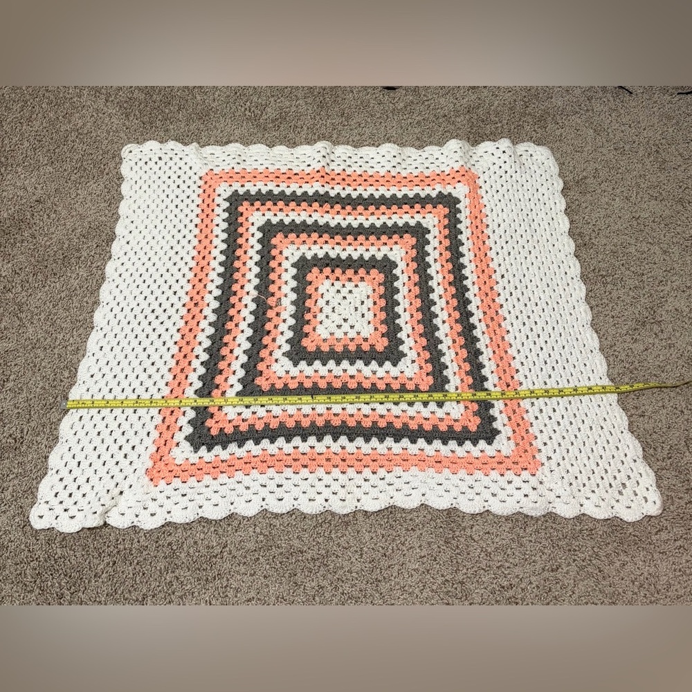Handmade Crochet Square Throw Blanket in White, Coral & Gray